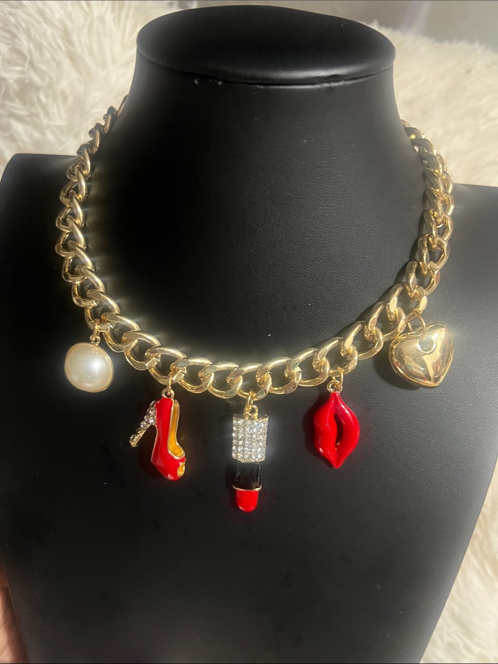 Gold Charm Statement Necklace with Red Lipstick & Shoe Charms